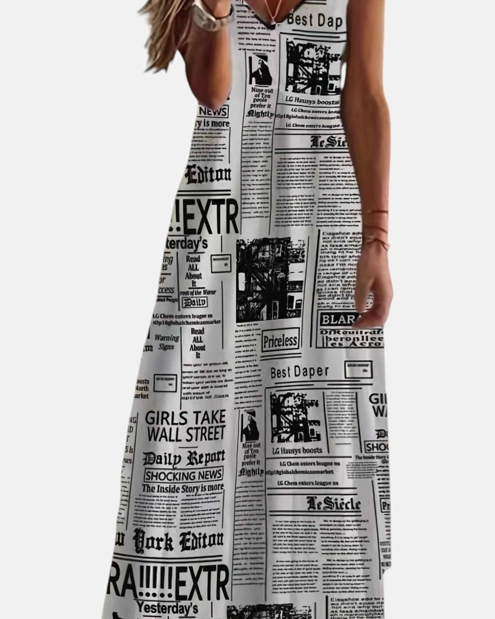 Amelia – Boho V Neck Maxi Dress in Chic Newspaper Print