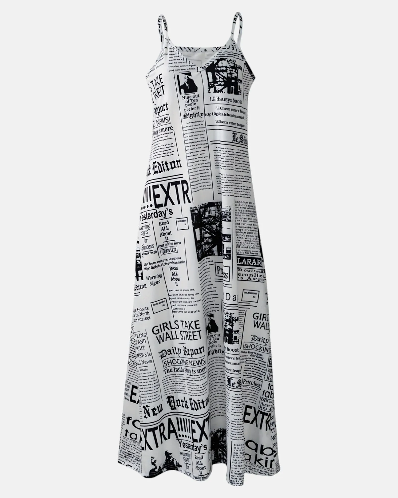 Amelia – Boho V Neck Maxi Dress in Chic Newspaper Print