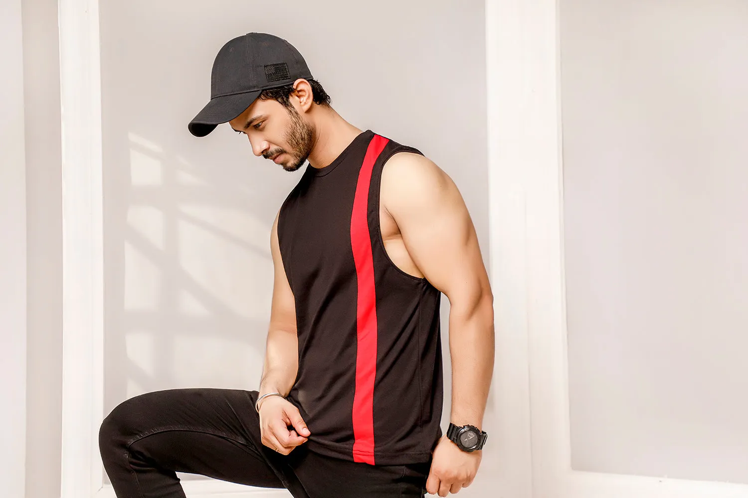 Black With Red Striped Dropped Armhole