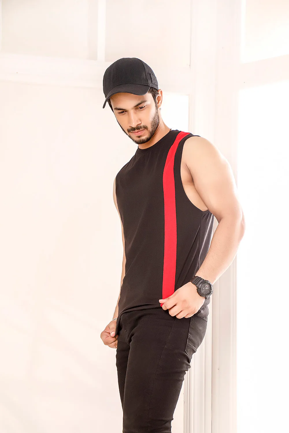 Black With Red Striped Dropped Armhole