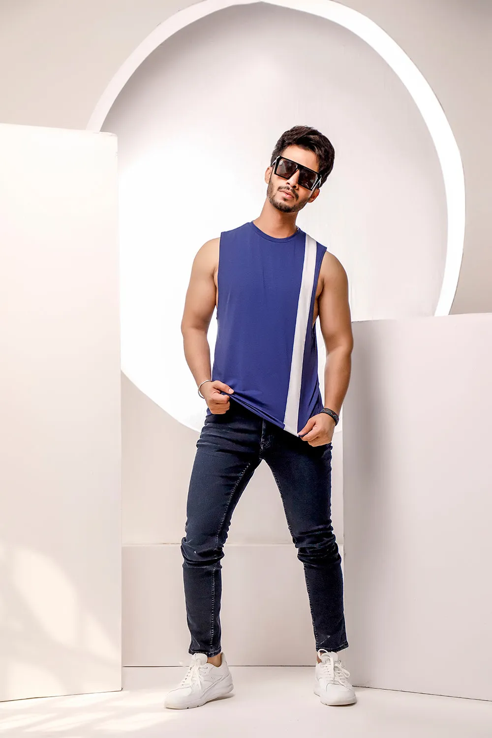 Blue With White Striped Dropped Armhole