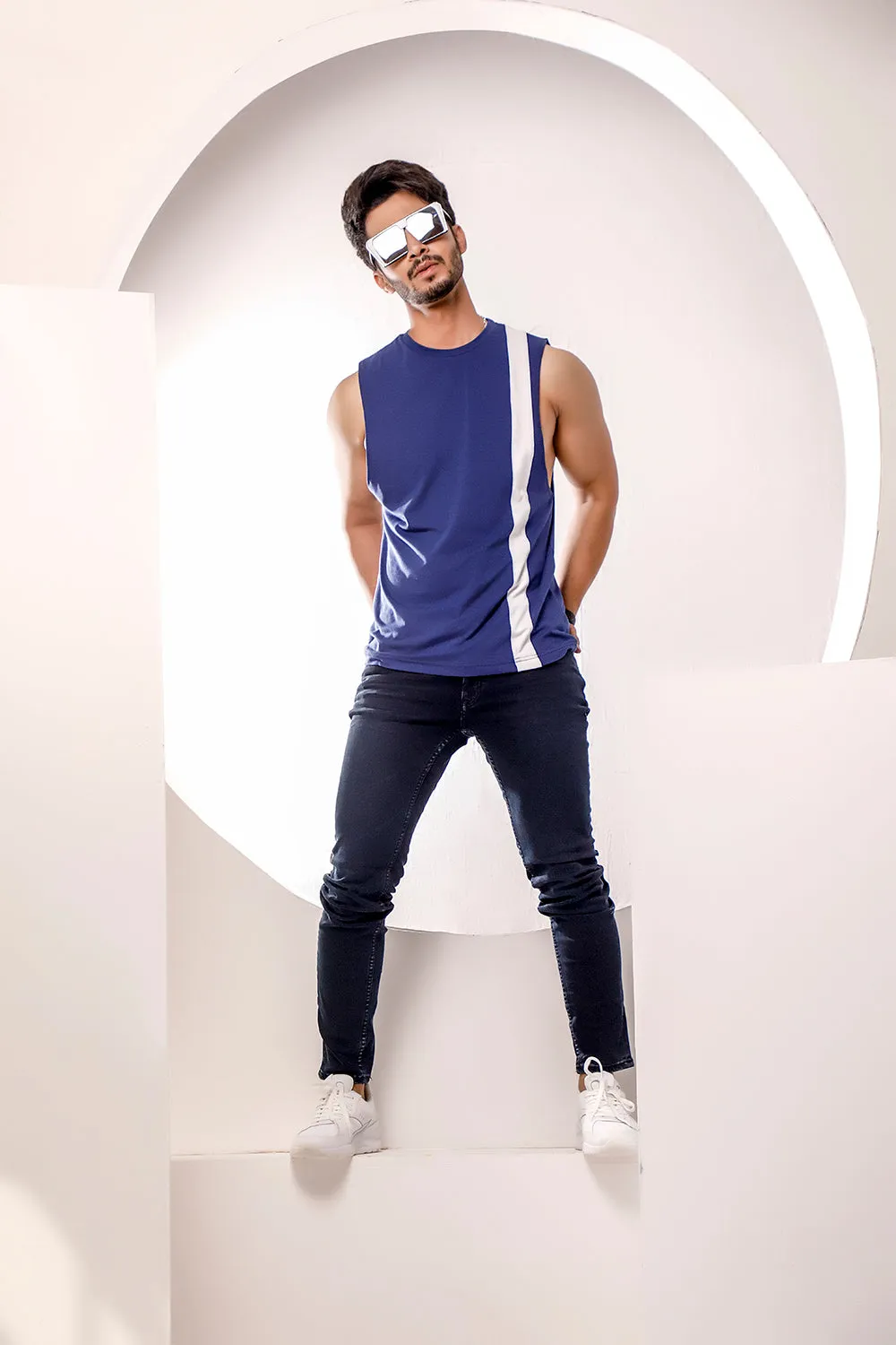 Blue With White Striped Dropped Armhole