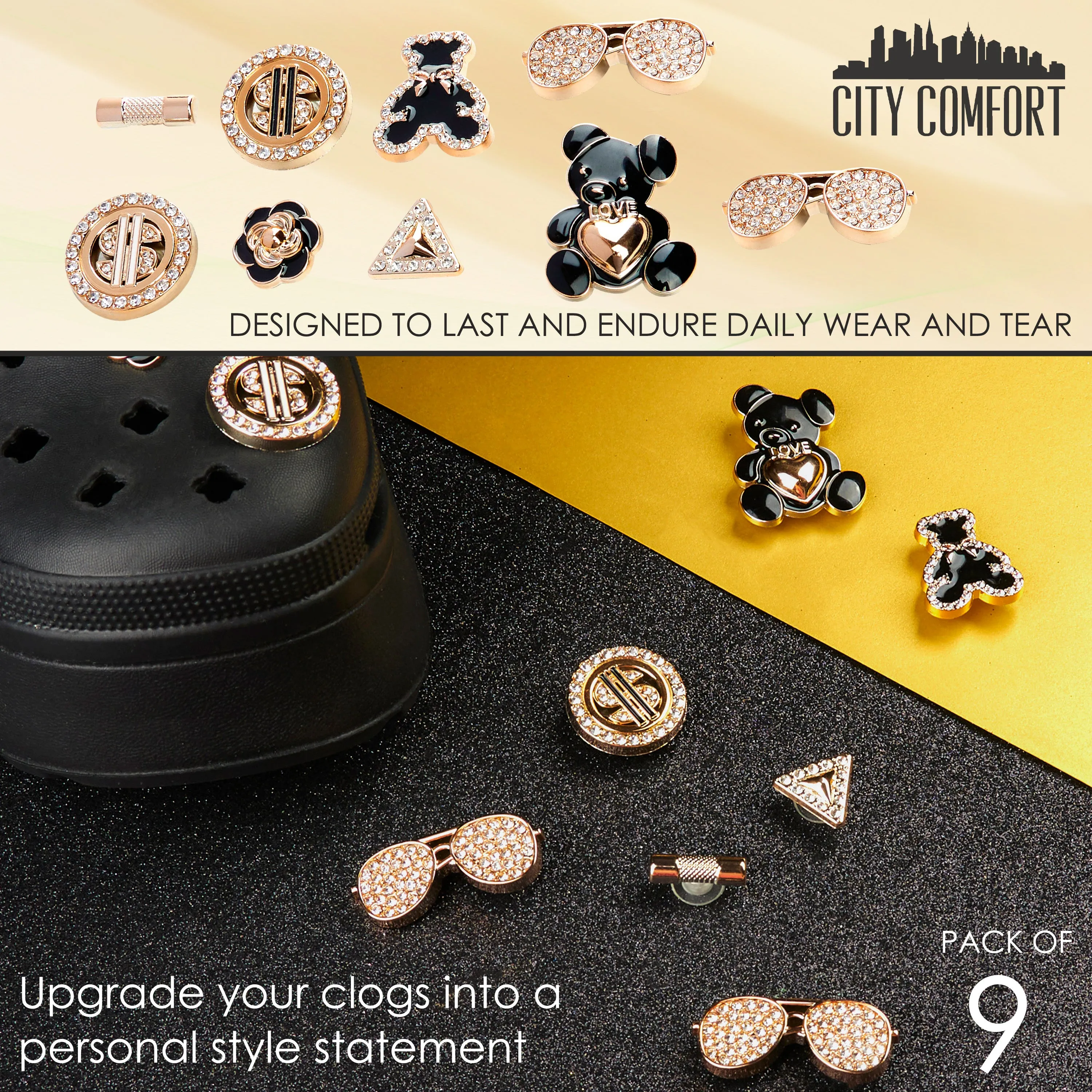 CityComfort Clog Charms, Mixed Shoe Decoration Charms - Gold
