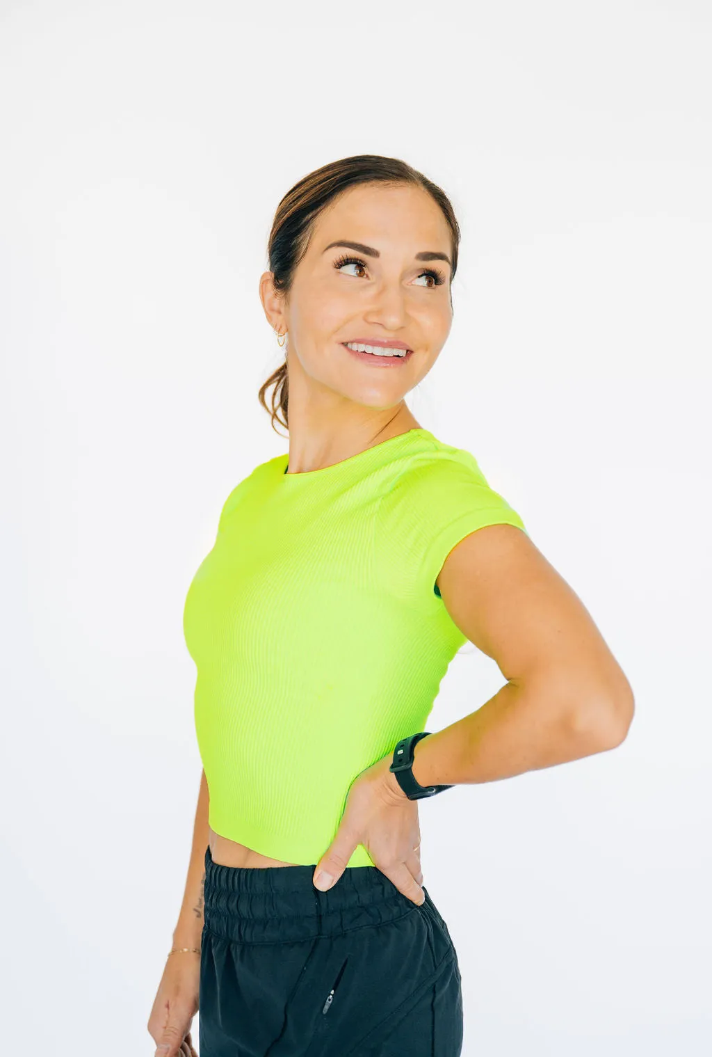 Cropped Ribbed Baby Tee - Neon Green