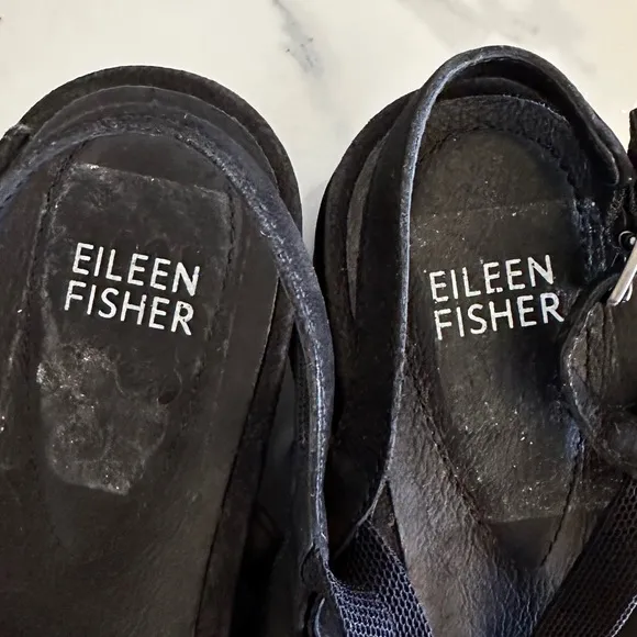 Eileen Fisher Etch Black Suede Nubuck Leather Strappy Platform 8.5 Sandal