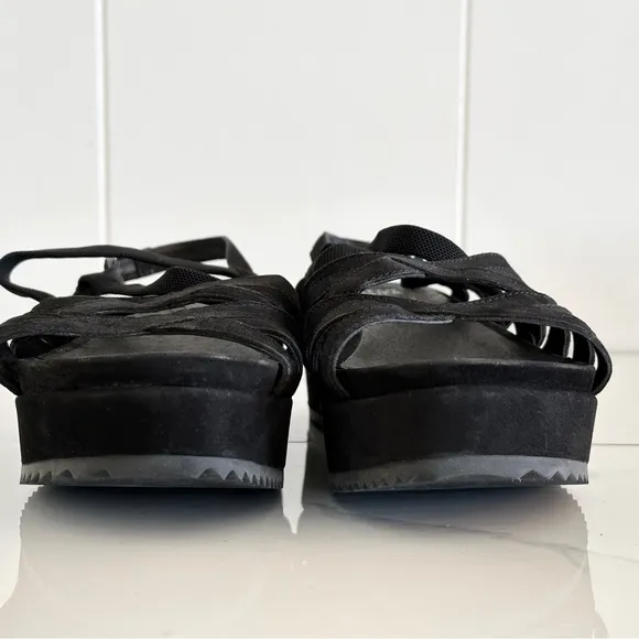 Eileen Fisher Etch Black Suede Nubuck Leather Strappy Platform 8.5 Sandal