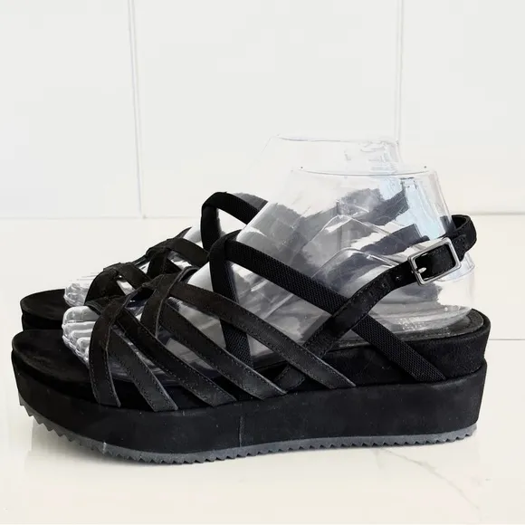 Eileen Fisher Etch Black Suede Nubuck Leather Strappy Platform 8.5 Sandal