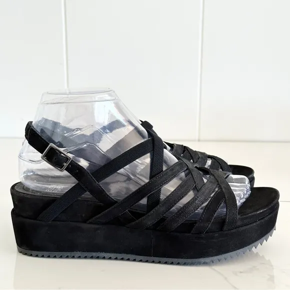 Eileen Fisher Etch Black Suede Nubuck Leather Strappy Platform 8.5 Sandal