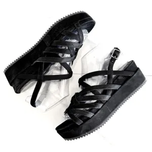 Eileen Fisher Etch Black Suede Nubuck Leather Strappy Platform 8.5 Sandal