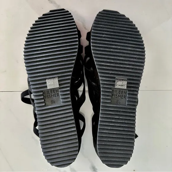 Eileen Fisher Etch Black Suede Nubuck Leather Strappy Platform 8.5 Sandal