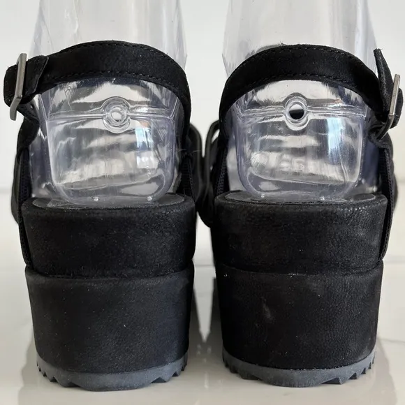 Eileen Fisher Etch Black Suede Nubuck Leather Strappy Platform 8.5 Sandal