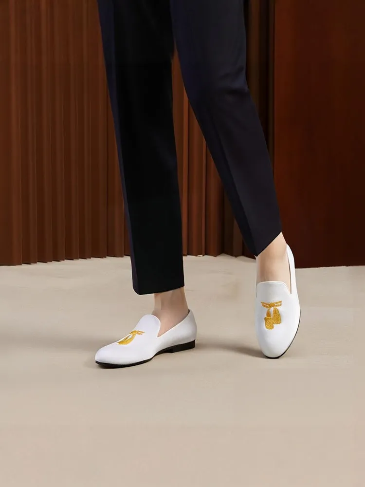 European and American style golden tassel embroidered handmade loafers for men breathable leather lining slip-on men's moccasin shoes
