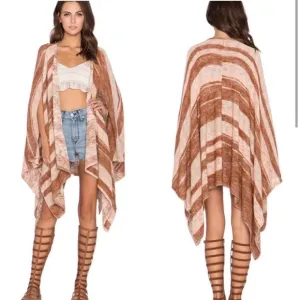 Free People Big Trail Linen Poncho Sunset Mauve Rust Brown Striped Cardigan M