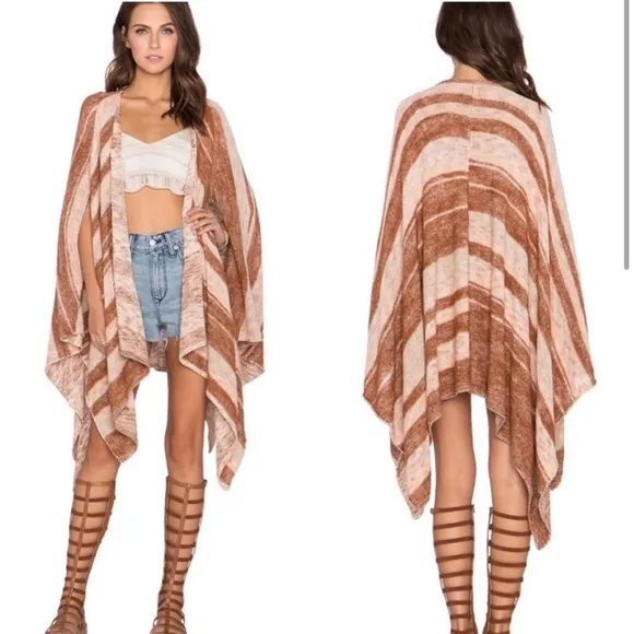 Free People Big Trail Linen Poncho Sunset Mauve Rust Brown Striped Cardigan M