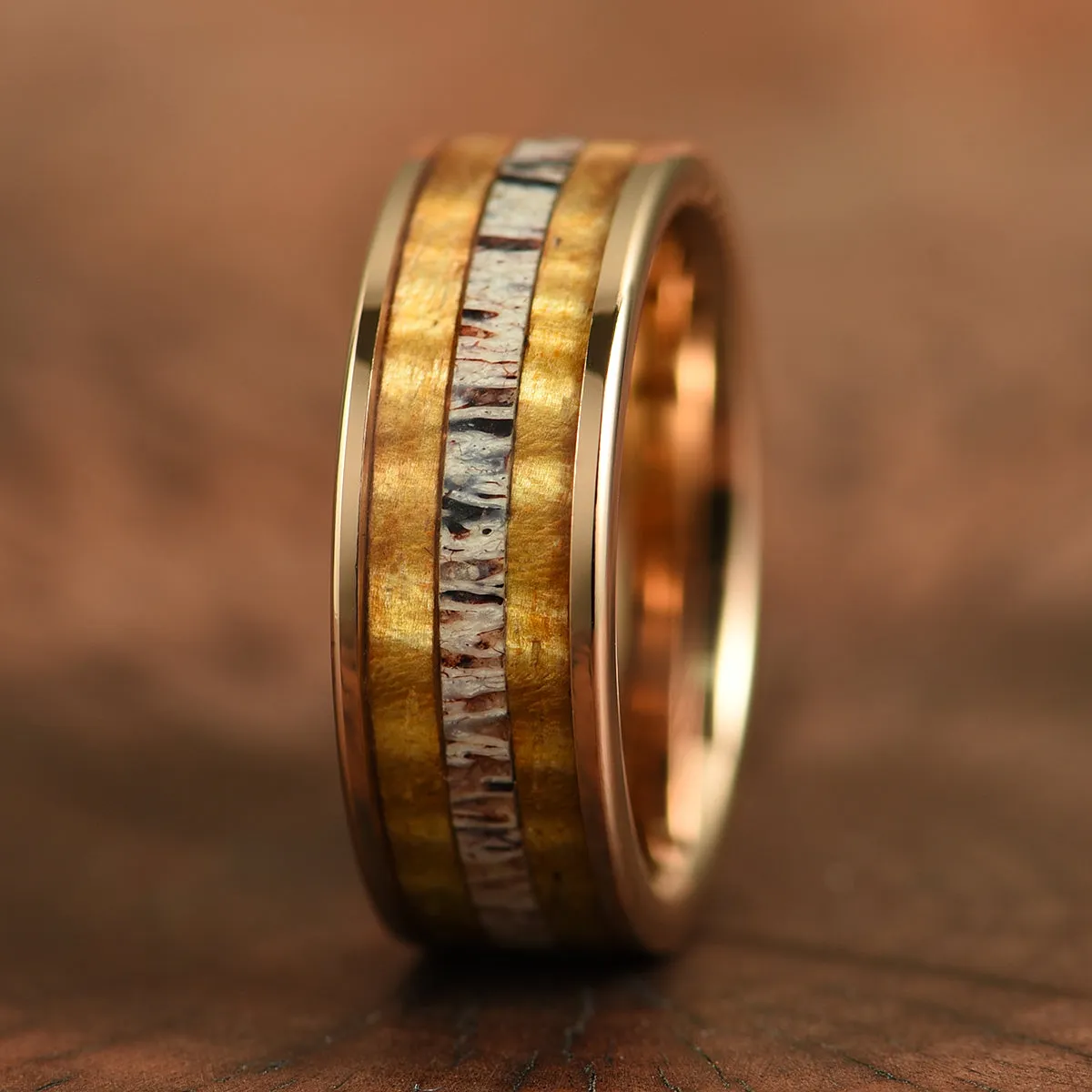 Hawaiian Koa Wood & Antler Rose Tungsten Mens Wedding Band 8MM