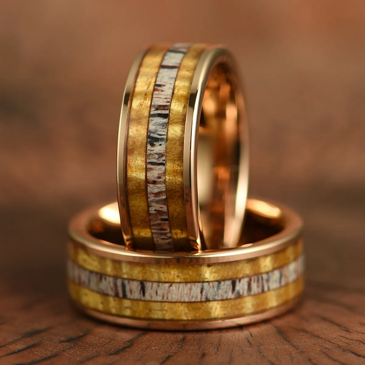 Hawaiian Koa Wood & Antler Rose Tungsten Mens Wedding Band 8MM