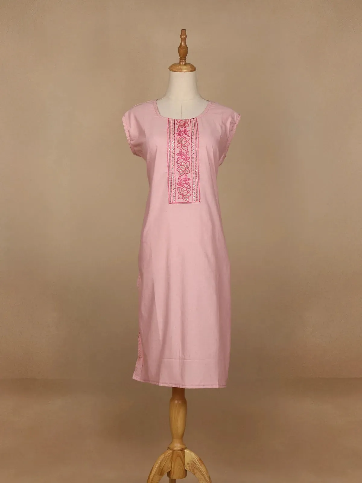 Light Pink Floral Designed Cotton Kurti