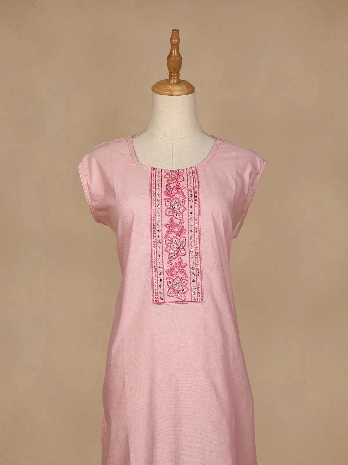 Light Pink Floral Designed Cotton Kurti
