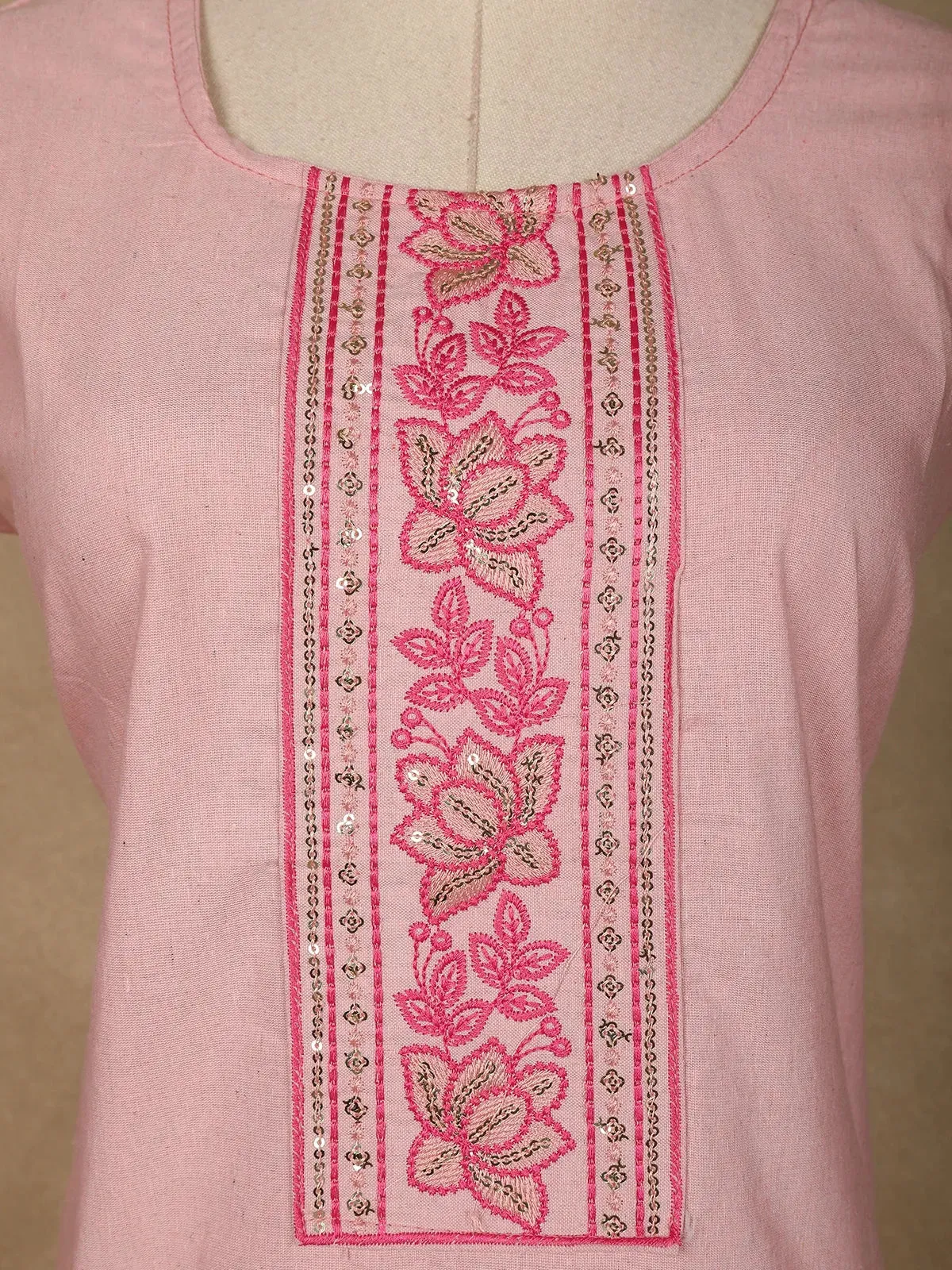 Light Pink Floral Designed Cotton Kurti
