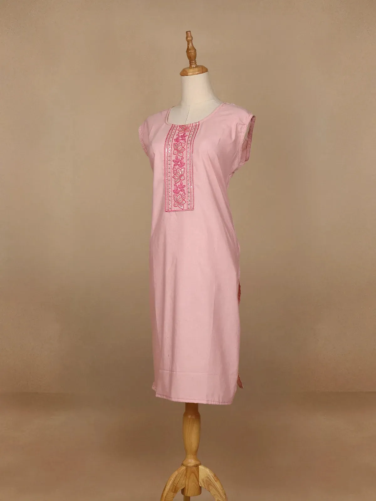 Light Pink Floral Designed Cotton Kurti