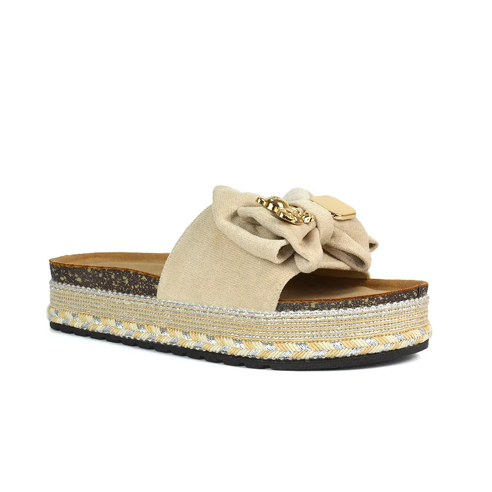 Margot Flatform Slip On Espadrille Summer Bow Wedge Heel Sandals in Beige