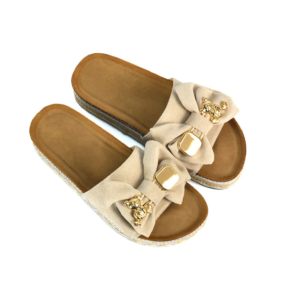 Margot Flatform Slip On Espadrille Summer Bow Wedge Heel Sandals in Beige