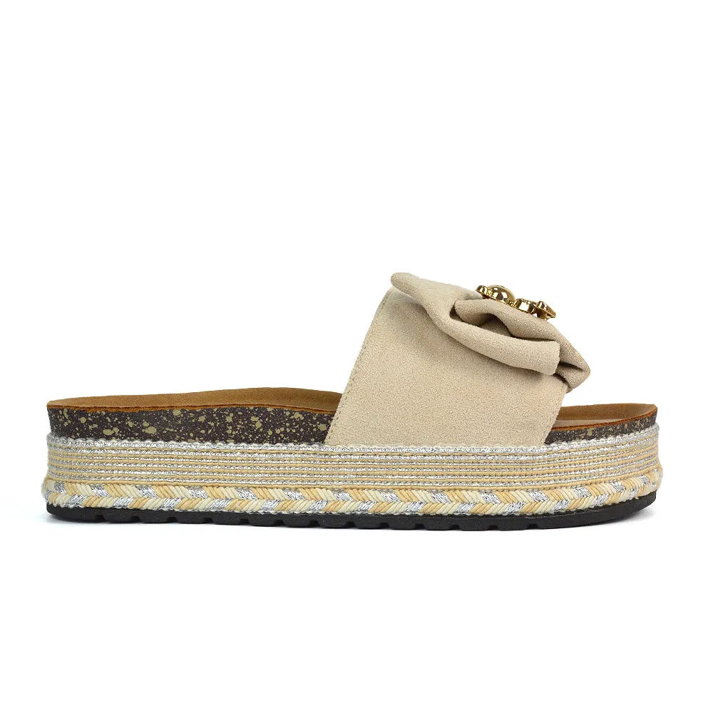 Margot Flatform Slip On Espadrille Summer Bow Wedge Heel Sandals in Beige
