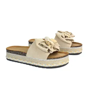 Margot Flatform Slip On Espadrille Summer Bow Wedge Heel Sandals in Beige