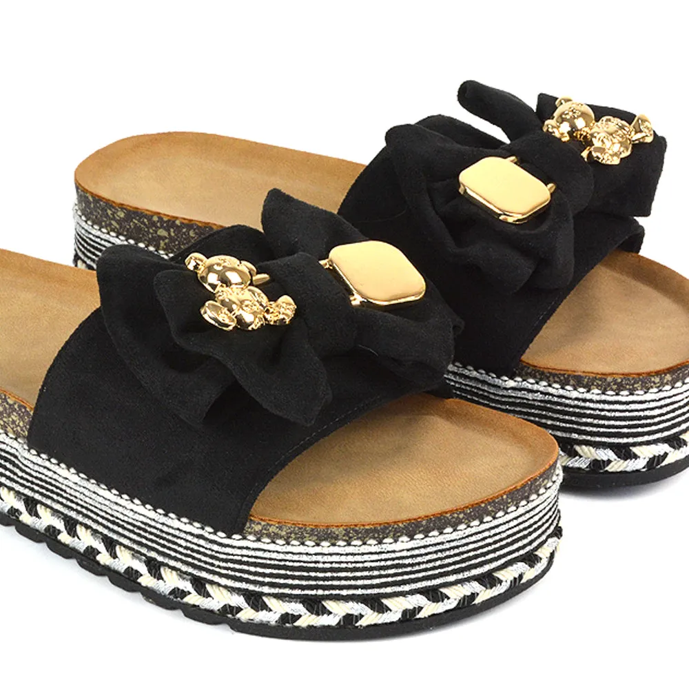 Margot Flatform Slip On Espadrille Summer Bow Wedge Heel Sandals in Beige