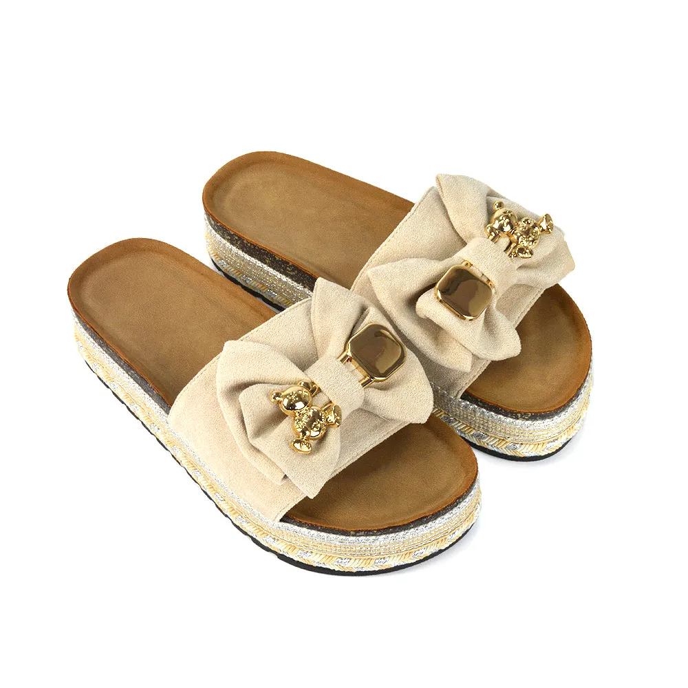 Margot Flatform Slip On Espadrille Summer Bow Wedge Heel Sandals in Beige
