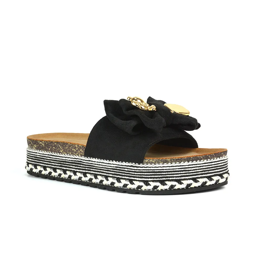 Margot Flatform Slip On Espadrille Summer Bow Wedge Heel Sandals in Beige