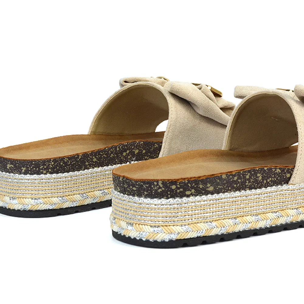 Margot Flatform Slip On Espadrille Summer Bow Wedge Heel Sandals in Beige