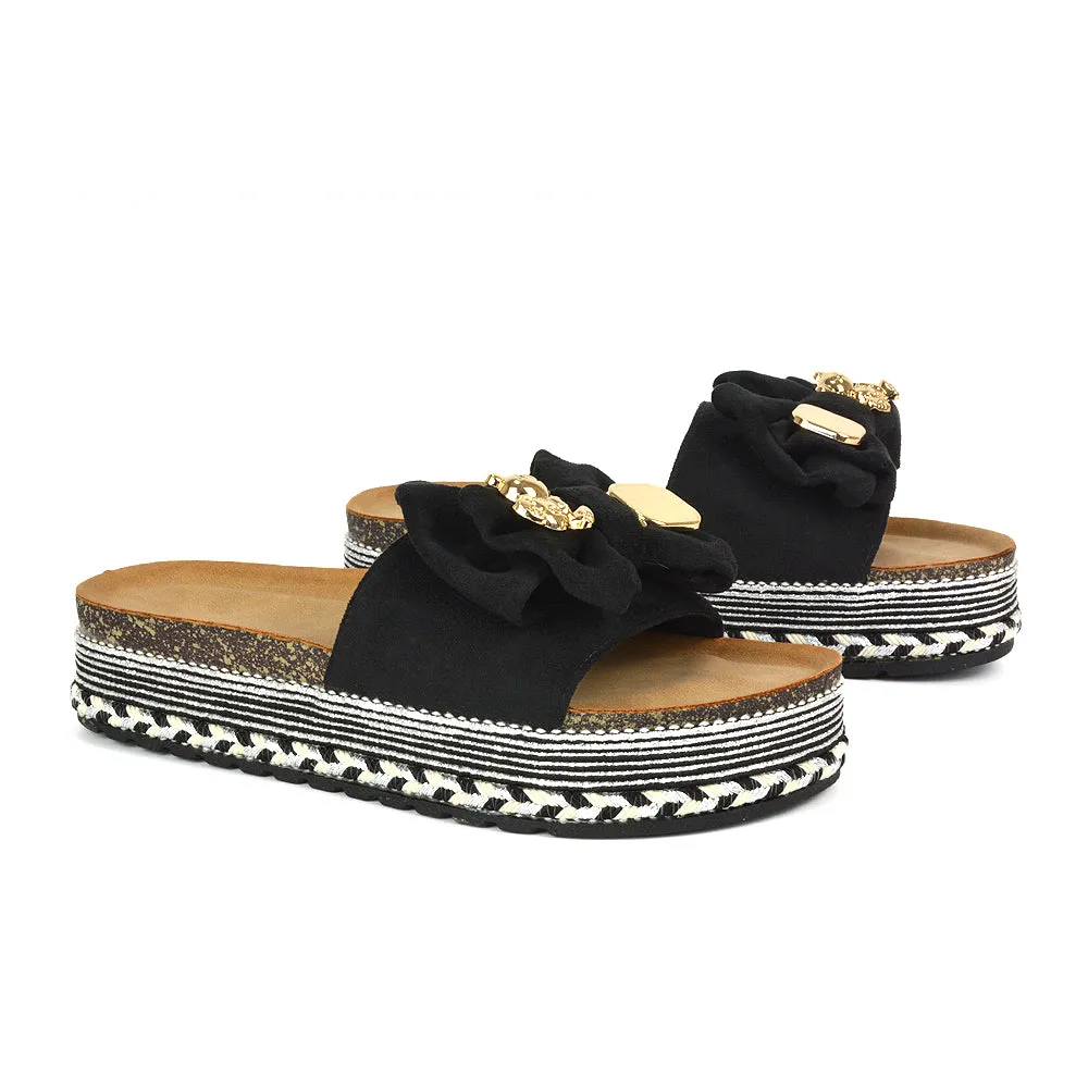 Margot Flatform Slip On Espadrille Summer Bow Wedge Heel Sandals in Beige