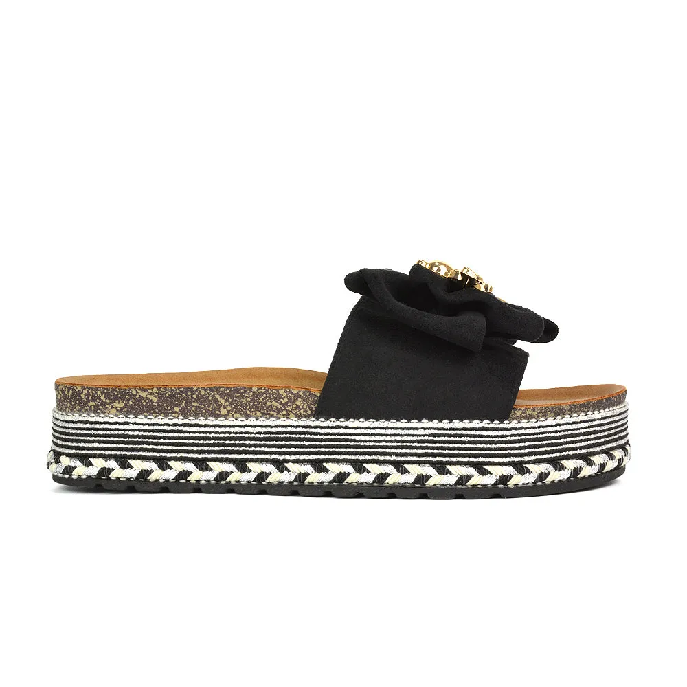 Margot Flatform Slip On Espadrille Summer Bow Wedge Heel Sandals in Beige