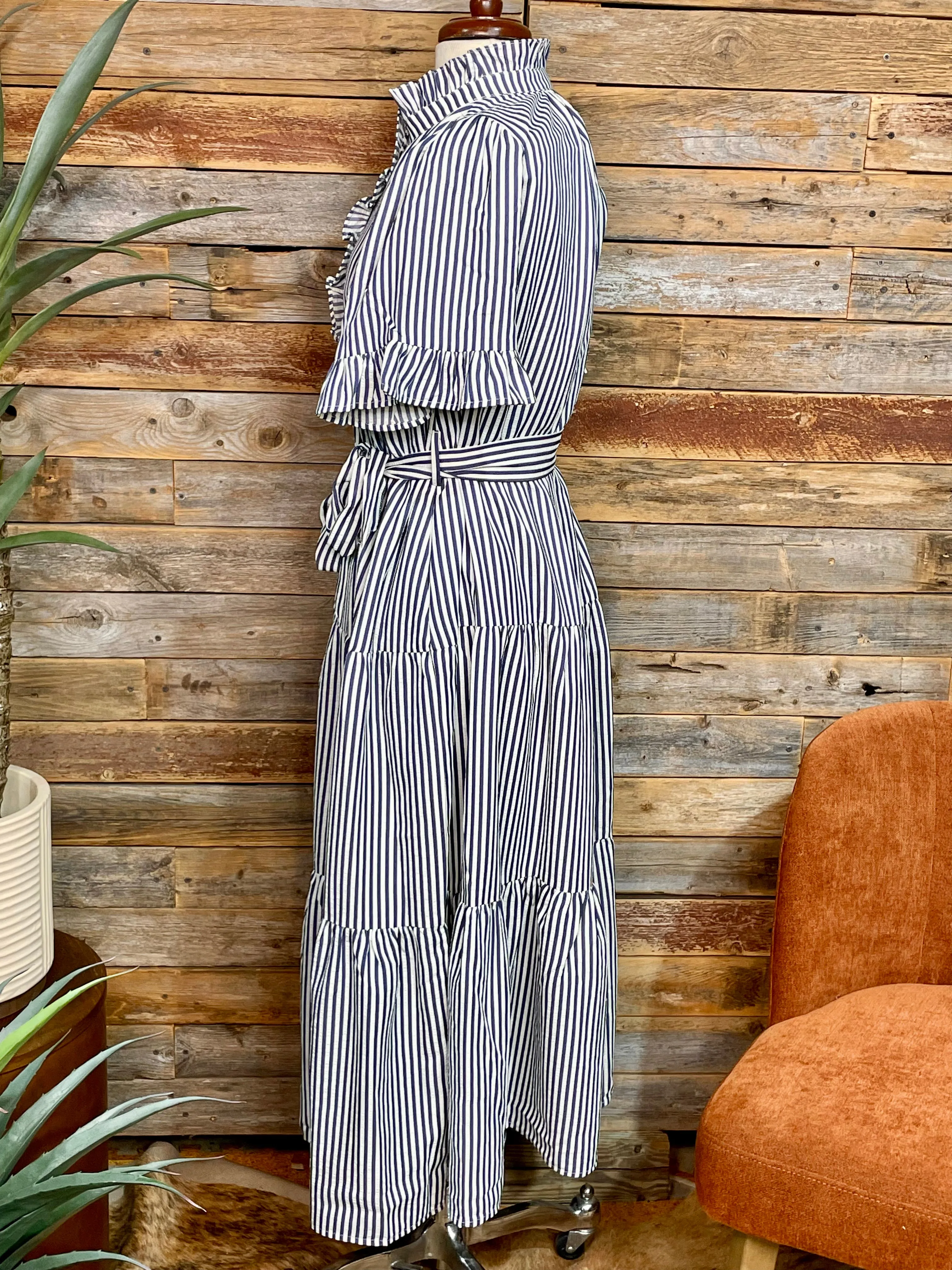Matty Navy Striped Ruffled Neck Dress
