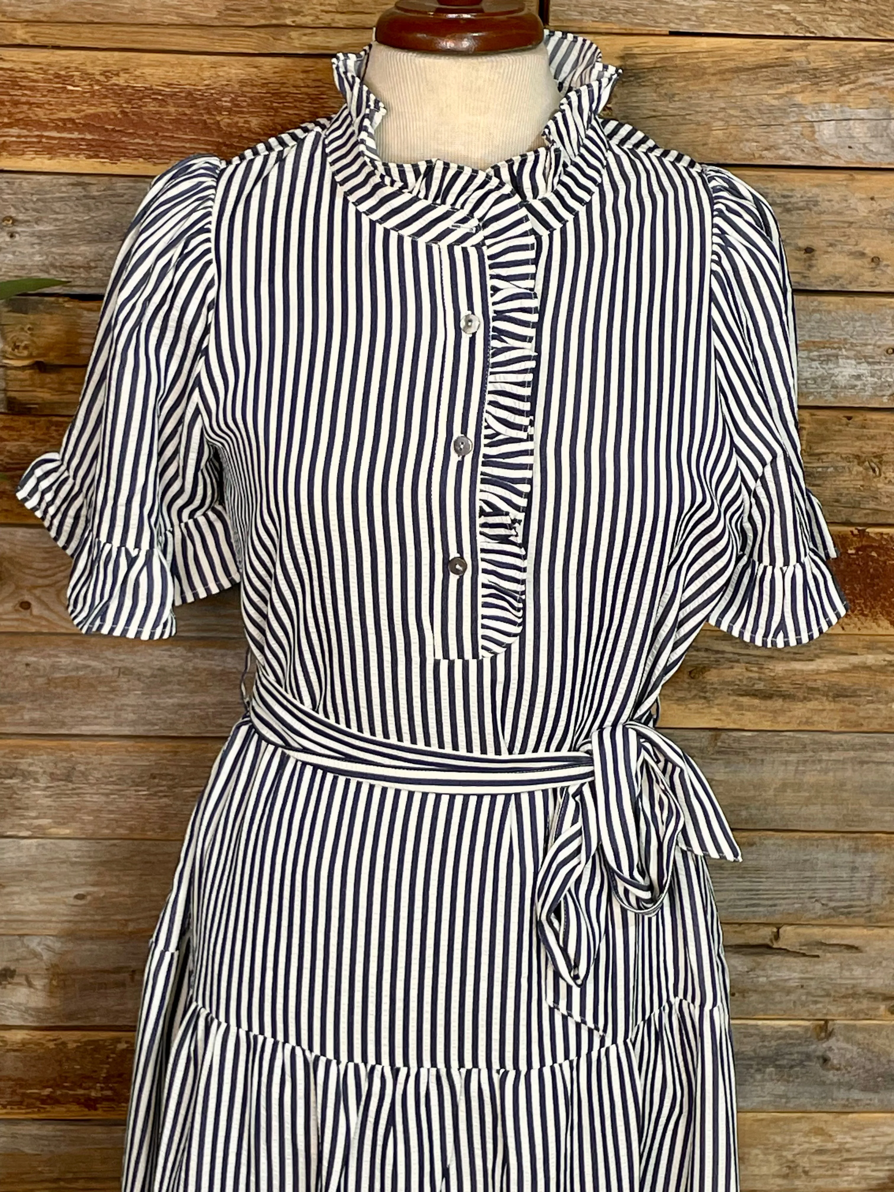 Matty Navy Striped Ruffled Neck Dress