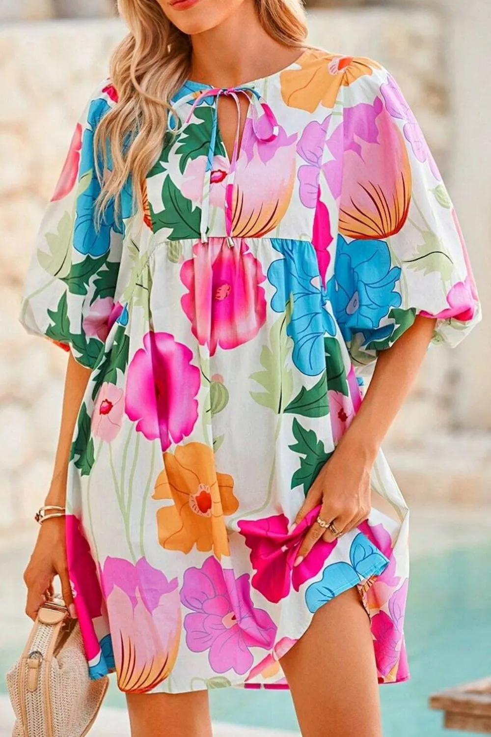Modern Floral Print Tie Neck Dress Elegant & Timeless Colorful Dress