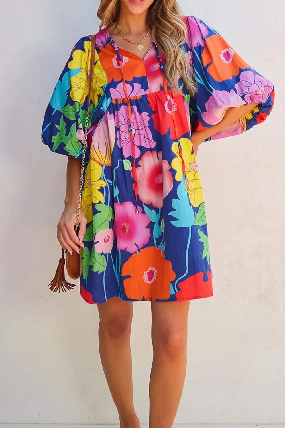Modern Floral Print Tie Neck Dress Elegant & Timeless Colorful Dress