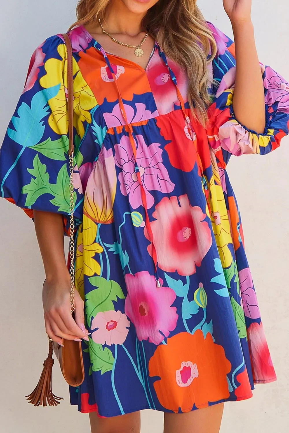 Modern Floral Print Tie Neck Dress Elegant & Timeless Colorful Dress