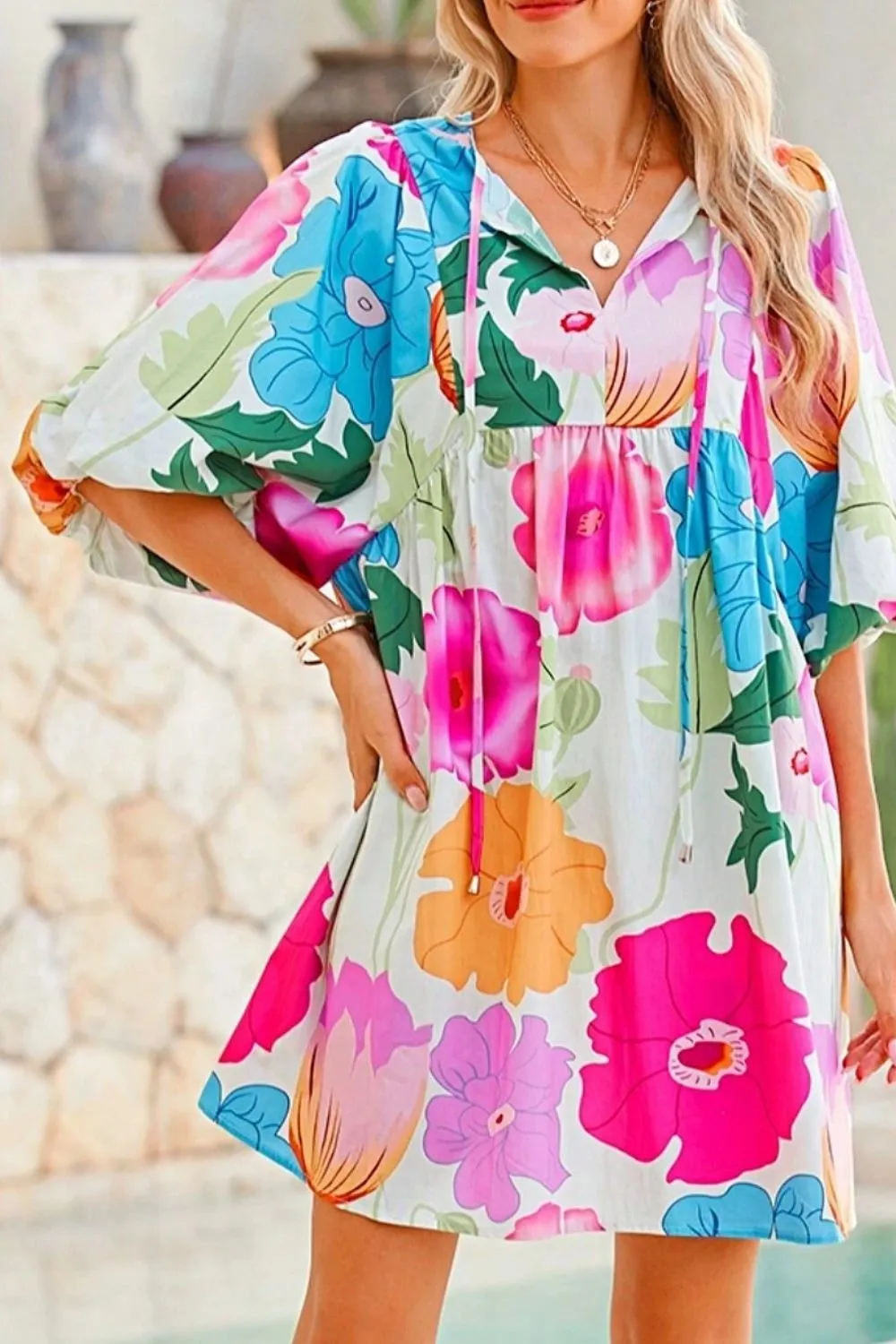Modern Floral Print Tie Neck Dress Elegant & Timeless Colorful Dress