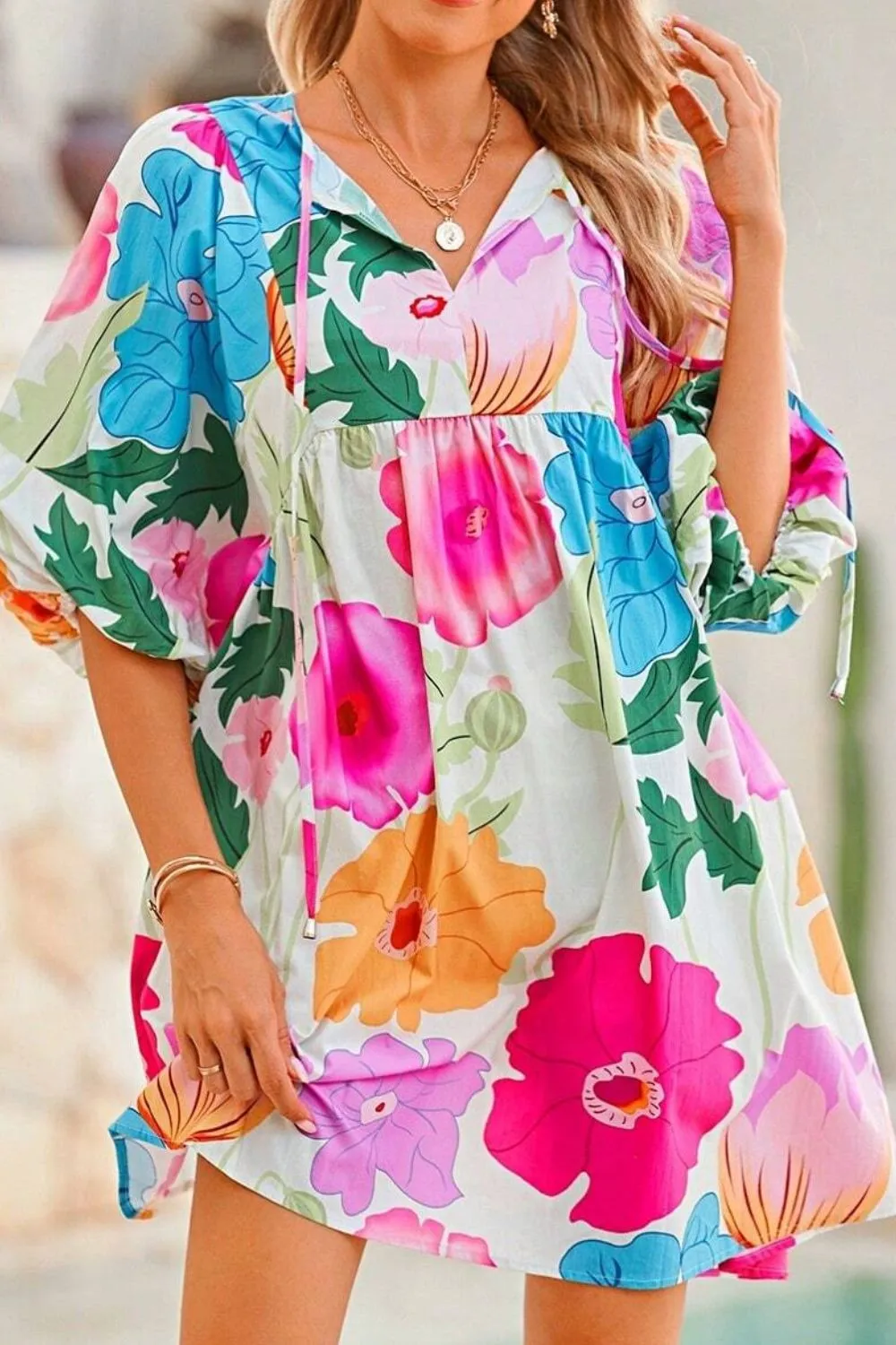 Modern Floral Print Tie Neck Dress Elegant & Timeless Colorful Dress