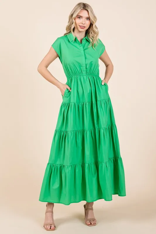 New Button Up Collared Tiered Maxi Shirt Dress For Women – Fluttering, Elegant, Trendy and Versatile for Any Occasion