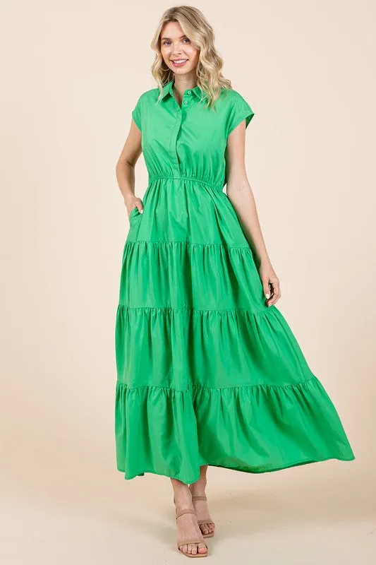 New Button Up Collared Tiered Maxi Shirt Dress For Women – Fluttering, Elegant, Trendy and Versatile for Any Occasion