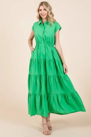 New Button Up Collared Tiered Maxi Shirt Dress For Women – Fluttering, Elegant, Trendy and Versatile for Any Occasion