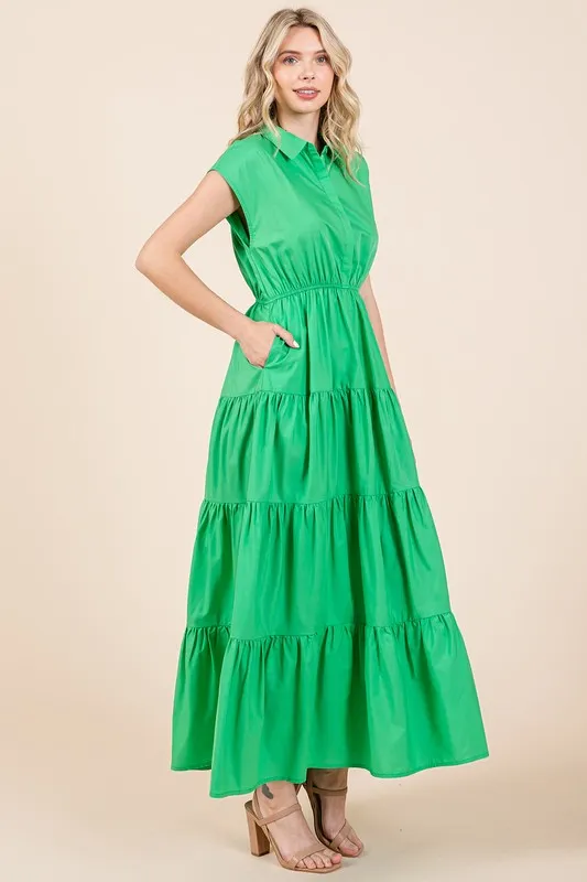 New Button Up Collared Tiered Maxi Shirt Dress For Women – Fluttering, Elegant, Trendy and Versatile for Any Occasion