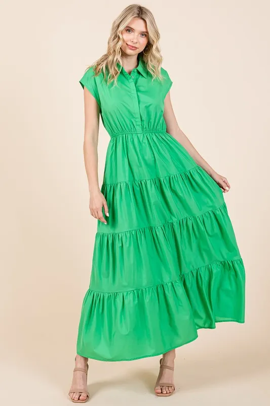 New Button Up Collared Tiered Maxi Shirt Dress For Women – Fluttering, Elegant, Trendy and Versatile for Any Occasion
