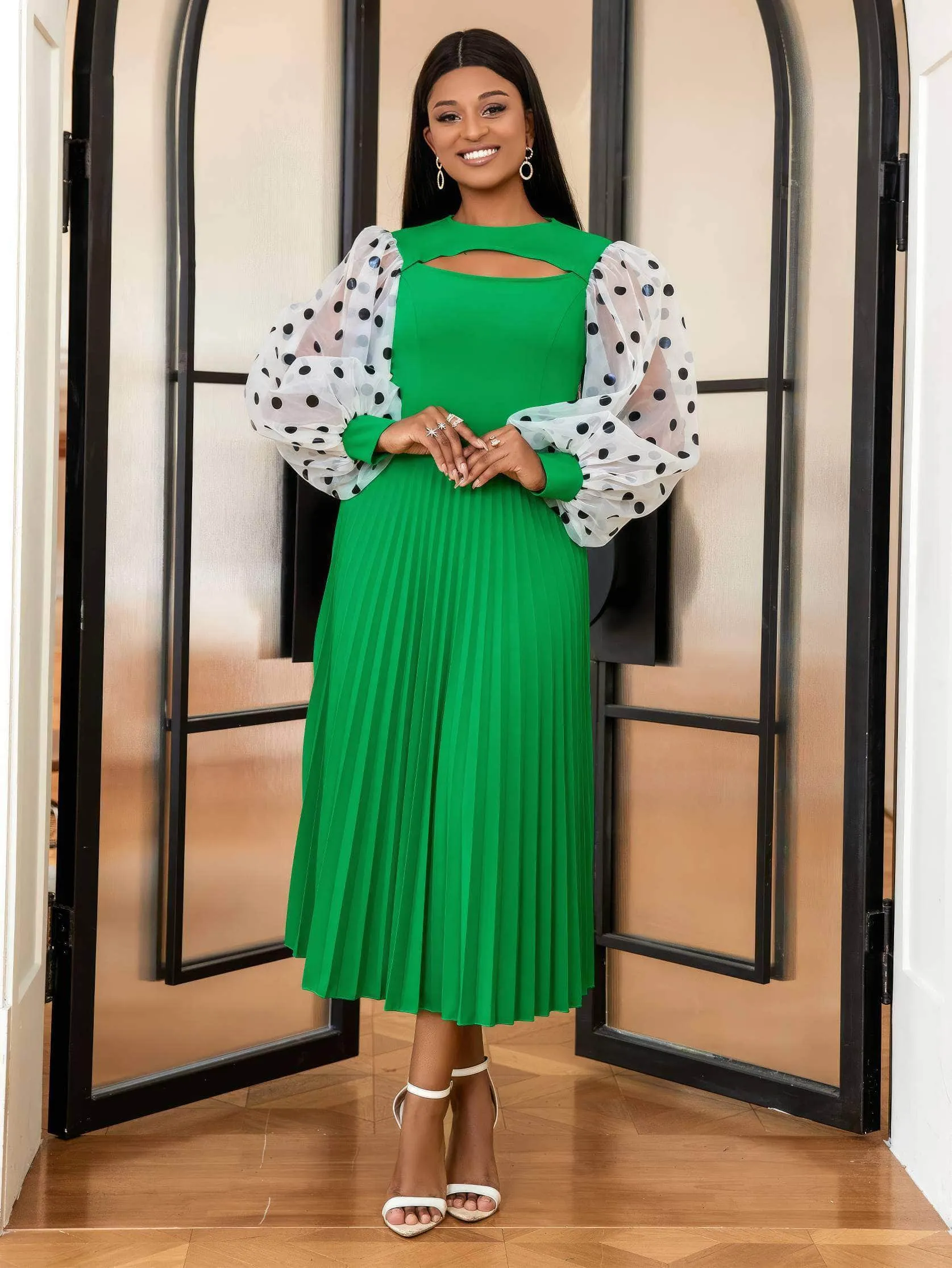 Polka Dot Lantern Sleeves Cut Out Pleated Dress