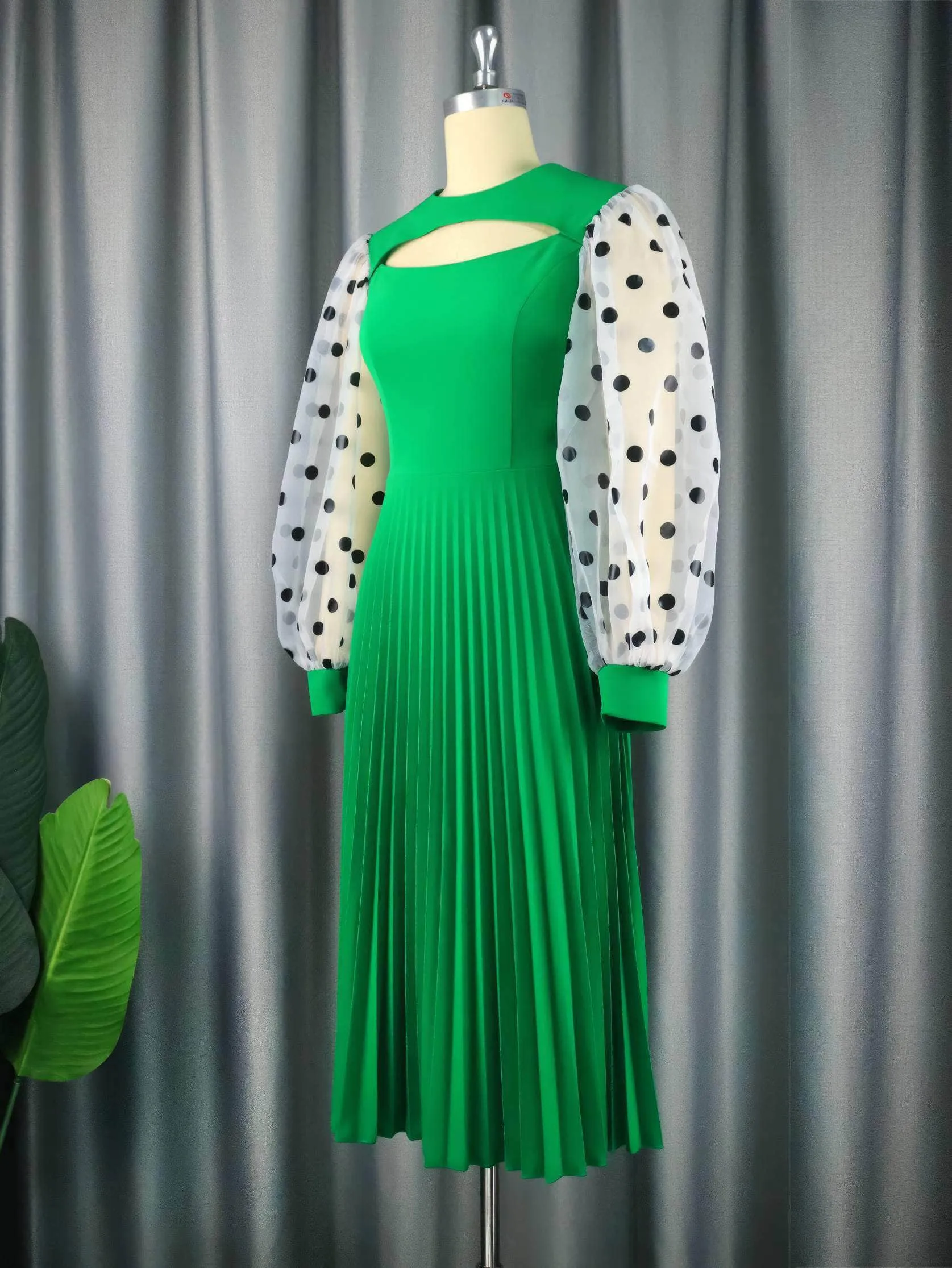 Polka Dot Lantern Sleeves Cut Out Pleated Dress