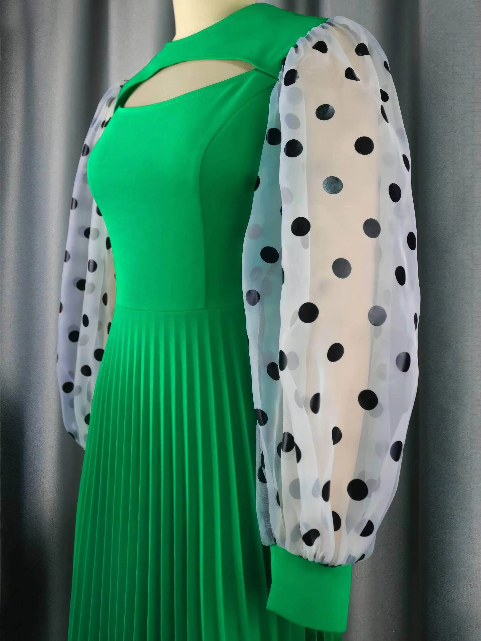 Polka Dot Lantern Sleeves Cut Out Pleated Dress