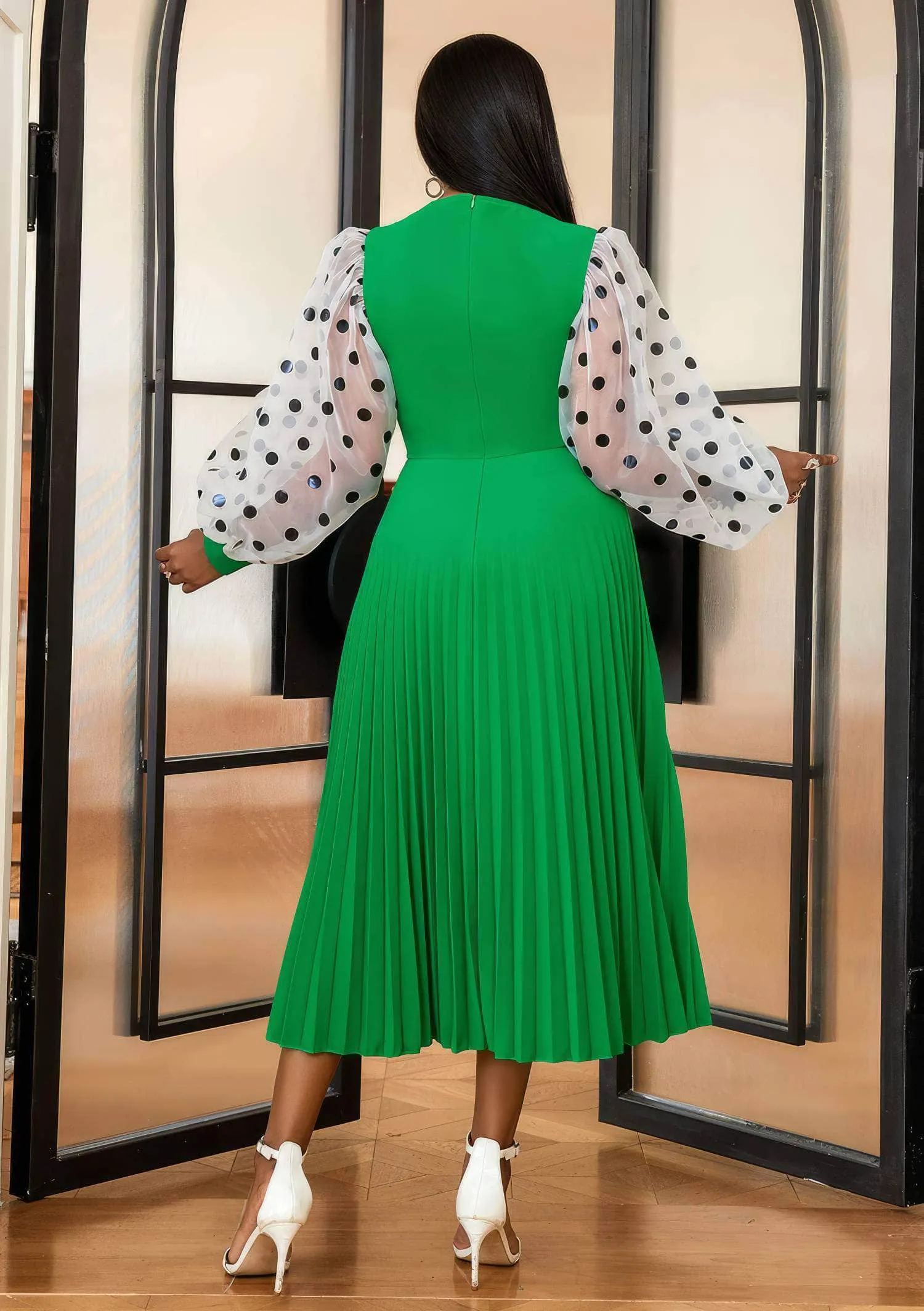 Polka Dot Lantern Sleeves Cut Out Pleated Dress